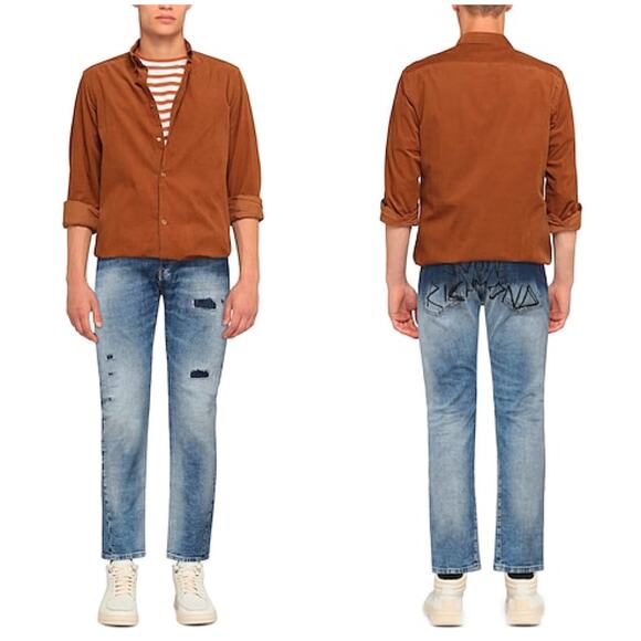 John Richmond Distressed Patched Slim Fit Jeans - Picture 1 of 13